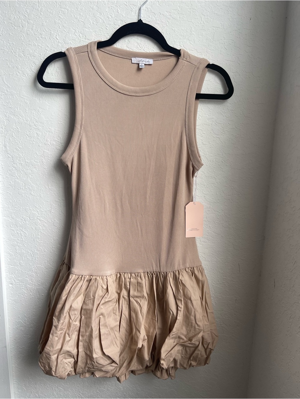 Sleeveless Ribbed Bubble-Hem Dress in Beige